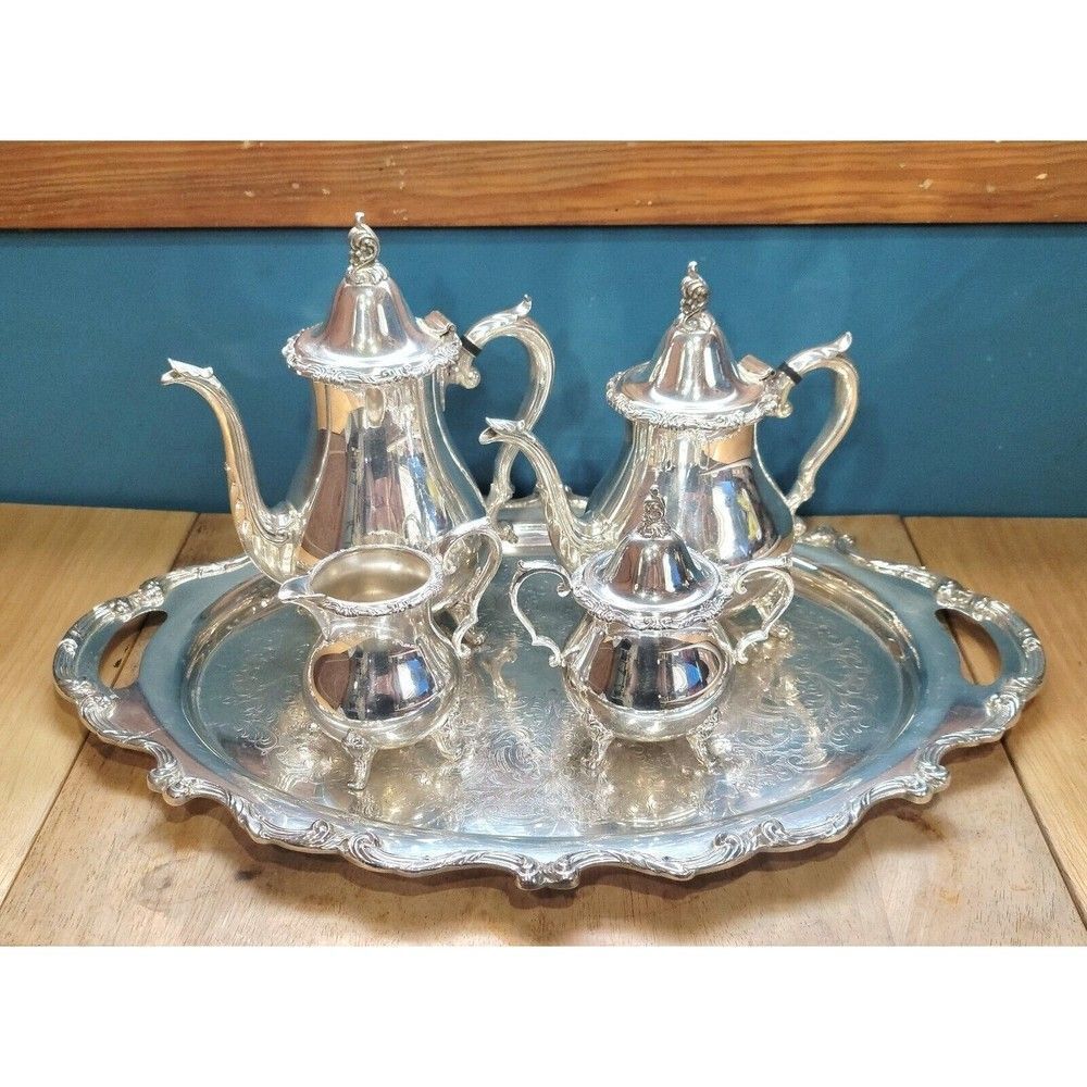 Antique Genuine WALLACE La Reine 1100 Silver Plated Tea/Coffee Set w/ Tray 6 pcs